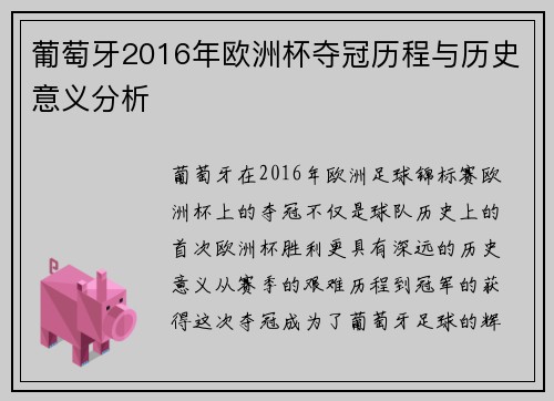 葡萄牙2016年欧洲杯夺冠历程与历史意义分析