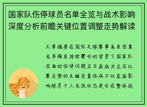 国家队伤停球员名单全览与战术影响深度分析前瞻关键位置调整走势解读
